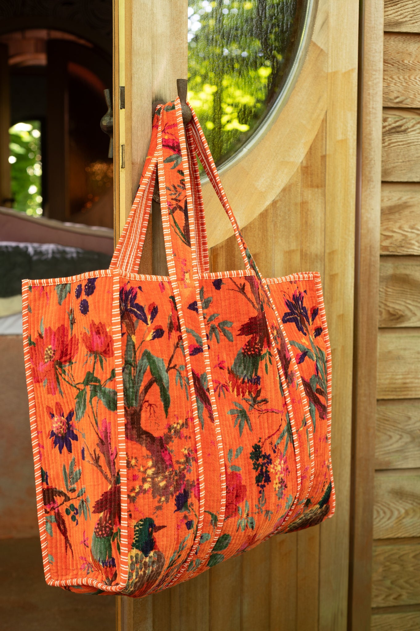 J-LINE SHOPPER BIRDS/FLOWERS FLUWEEL ORANJE - Tuincentrum Lopik