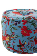 Ronde poef vogels/bloemen katoenfluweel blauw - Tuincentrum Lopik