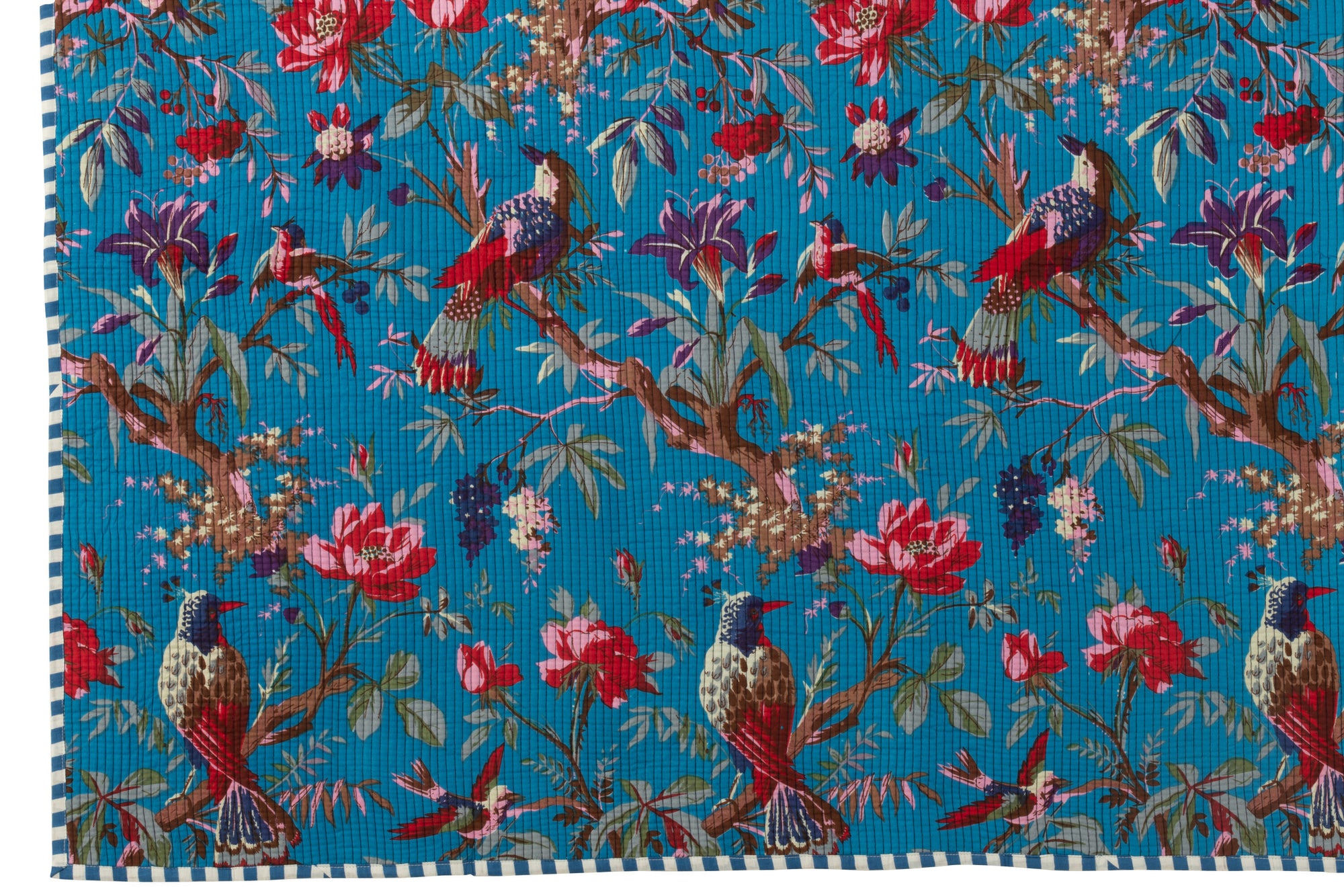 Geruite Vogels/Bloemen Katoenen Fluweel Blauw - Tuincentrum Lopik