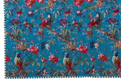 Geruite Vogels/Bloemen Katoenen Fluweel Blauw - Tuincentrum Lopik