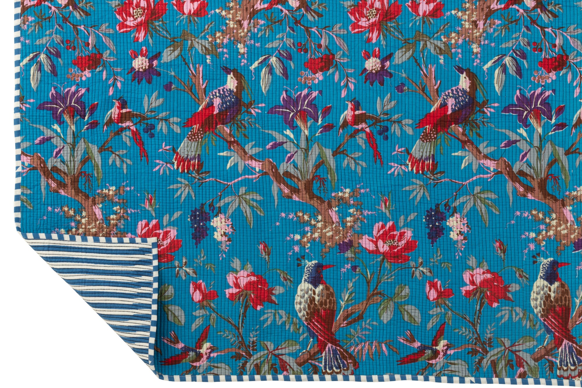 Geruite Vogels/Bloemen Katoenen Fluweel Blauw - Tuincentrum Lopik