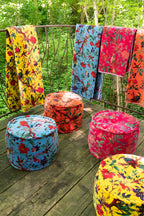 Geruite Vogels/Bloemen Katoenen Fluweel Blauw - Tuincentrum Lopik