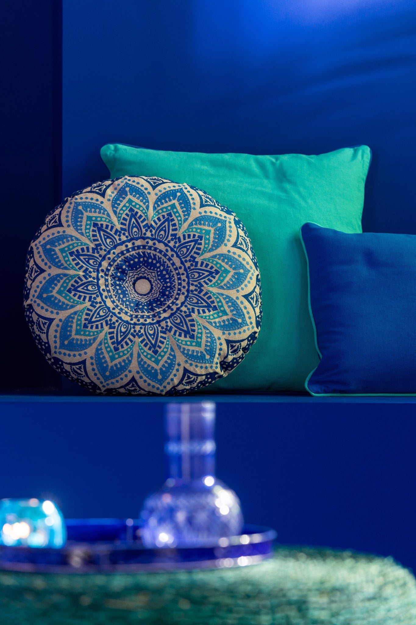 Rond vloerkussen met bloemmotief, katoen, turkoois/blauw - set van 2 - Tuincentrum Lopik