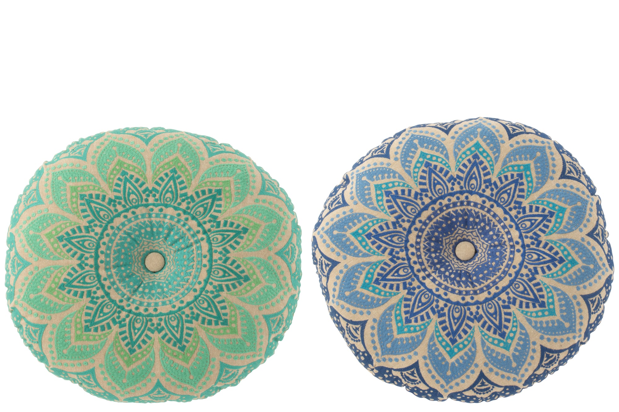 Rond vloerkussen met bloemmotief, katoen, turkoois/blauw - set van 2 - Tuincentrum Lopik