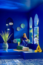 Set van 2 ronde katoenen poefs met bloemmotief in turquoise/blauw - Tuincentrum Lopik