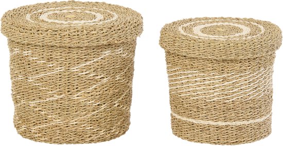 J-LINE SET OF 2 BASKET + LID STRIPED PAPER WHITE/NATURAL