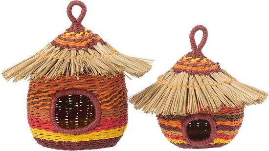 J-LINE VOGELHUISJE GESTREEPT PAPIER TERRACOTTA/ORANJE GROOT