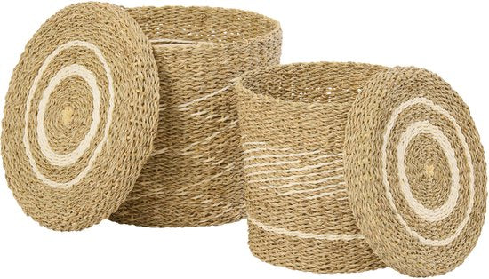 J-LINE SET OF 2 BASKET + LID STRIPED PAPER WHITE/NATURAL