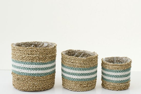 J-LINE SET OF 3 FLOWERPOT STRIPED SEAGRASS NATURAL/TURQUOISE