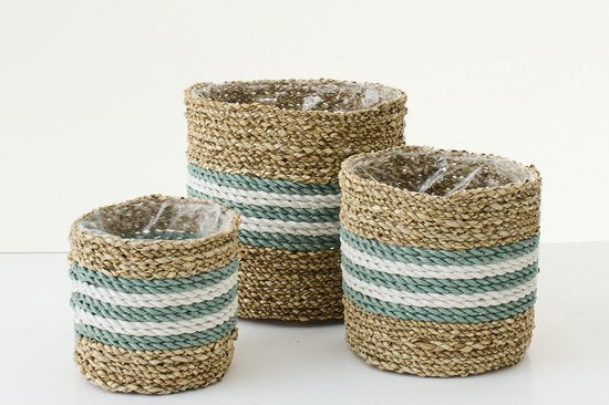 J-LINE SET OF 3 FLOWERPOT STRIPED SEAGRASS NATURAL/TURQUOISE