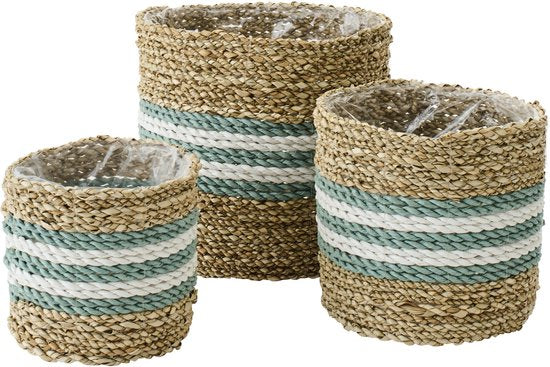 J-LINE SET OF 3 FLOWERPOT STRIPED SEAGRASS NATURAL/TURQUOISE