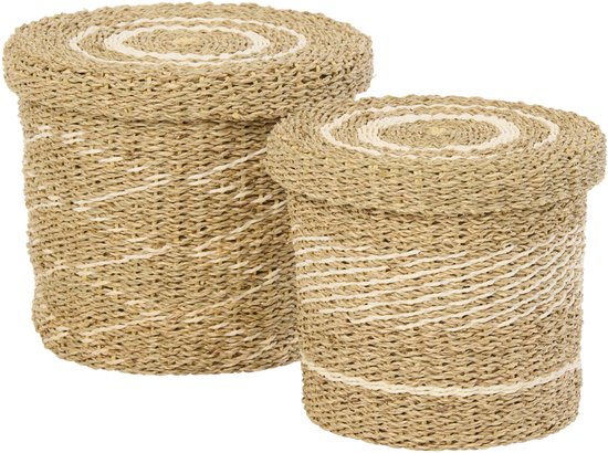 J-LINE SET OF 2 BASKET + LID STRIPED PAPER WHITE/NATURAL