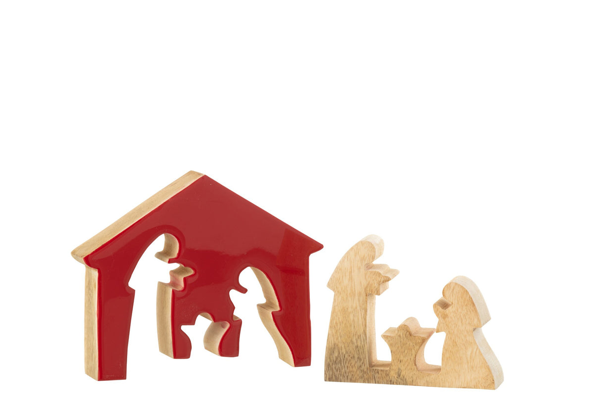 J-LINE KERSTSTAL IN HUIS MANGOHOUT ROOD/NATUREL MEDIUM 17 CM