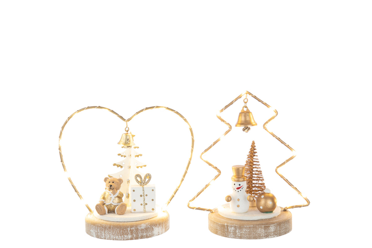 Bear + Snowman Led Tree + Heart Plywood White/Gold Colored Assortment Of 2 - Tuincentrum Lopik