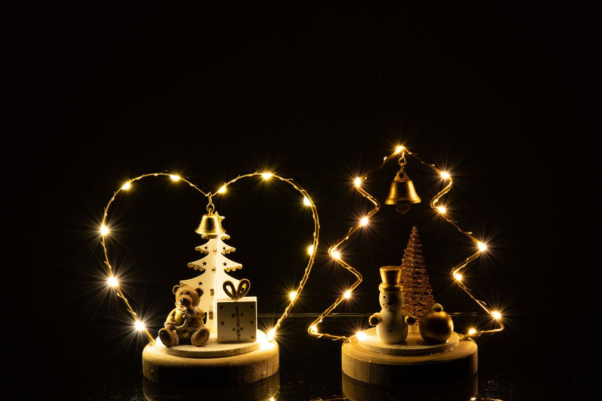 Bear + Snowman Led Tree + Heart Plywood White/Gold Colored Assortment Of 2 - Tuincentrum Lopik