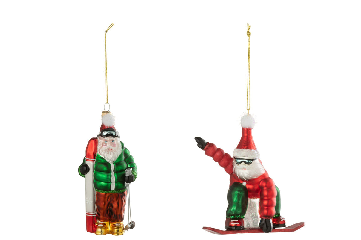 J-Line kersthanger kerstman Ski/Snowboard glas rood 11,2 cm – set van 2
