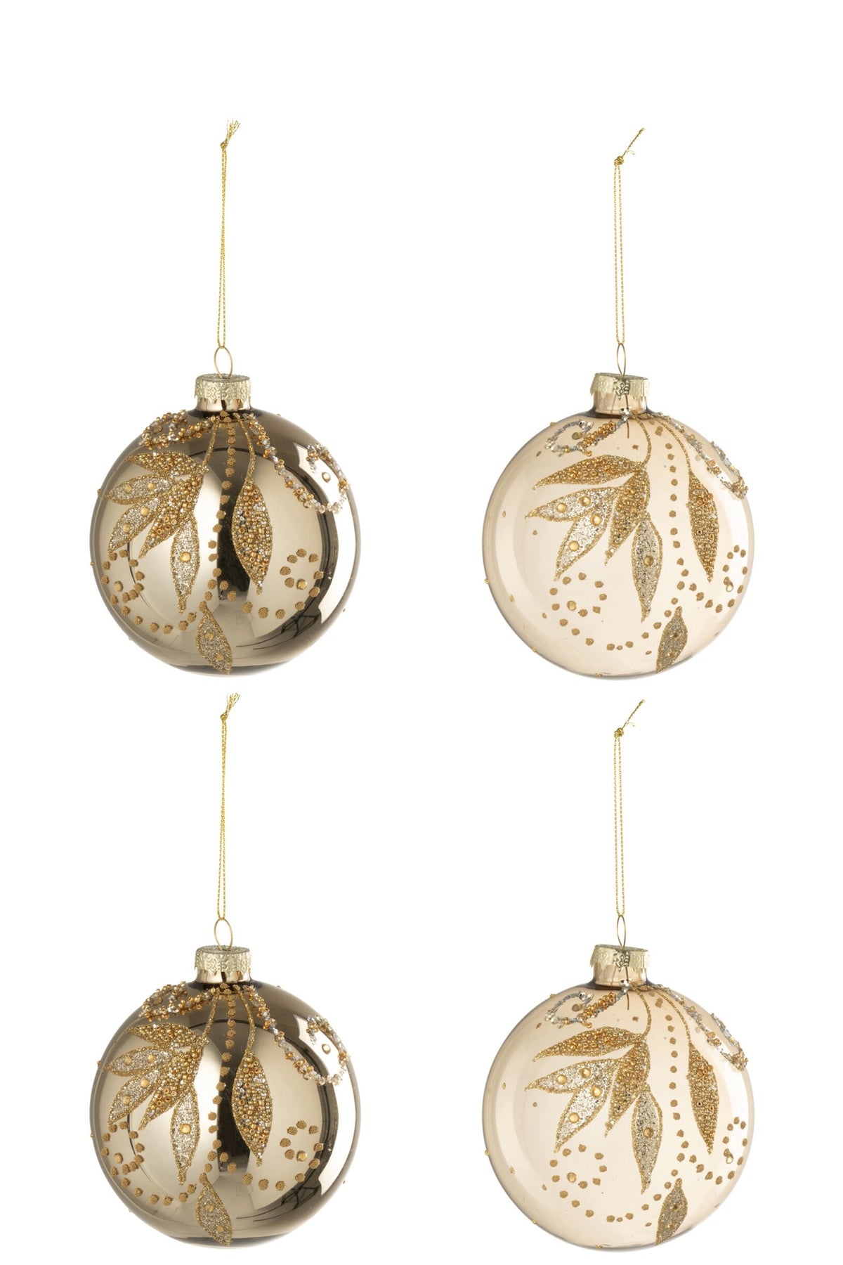 J-Line doos met 4 kerstballen Leaves + Dots glas goud 10 cm