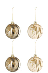 J-Line doos met 4 kerstballen Leaves + Dots glas goud 10 cm