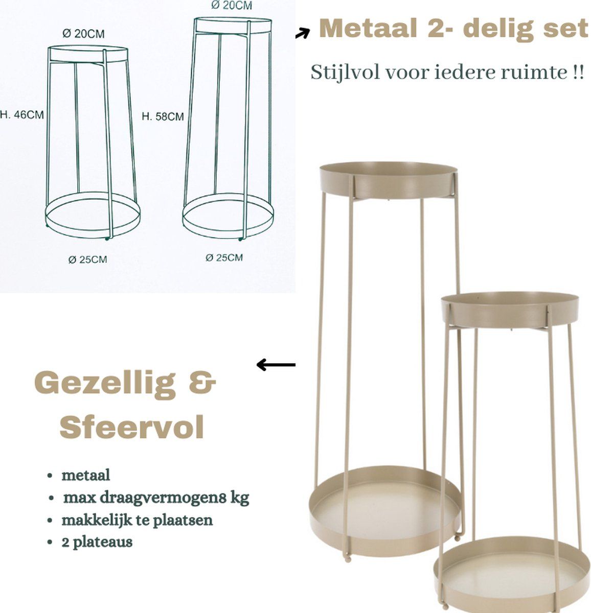 Trends4You Plantenstandaard - 46 + 58 Cm Hoogte - Taupe - Set Van 2