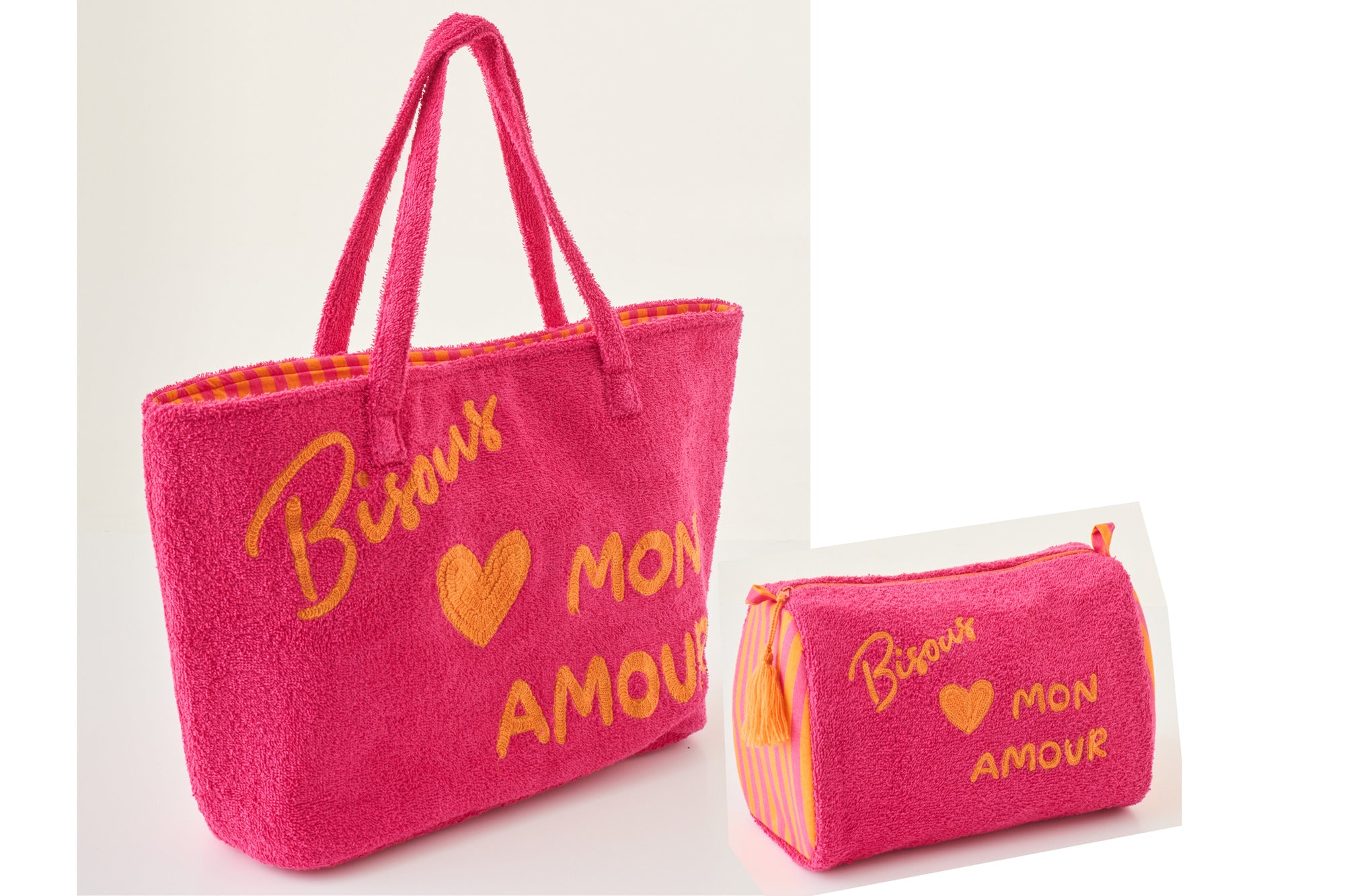 J-LINE STRANDTAS BISOUS KATOEN ROZE/ORANJE SET VAN 2