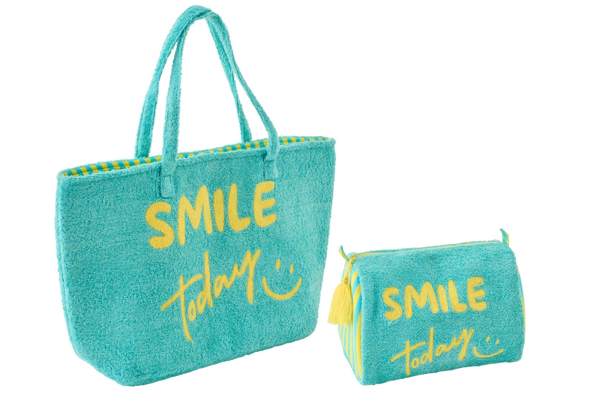 J-LINE SET VAN 2 STRANDTASSEN SMILE KATOENMIX BLAUW/GEEL