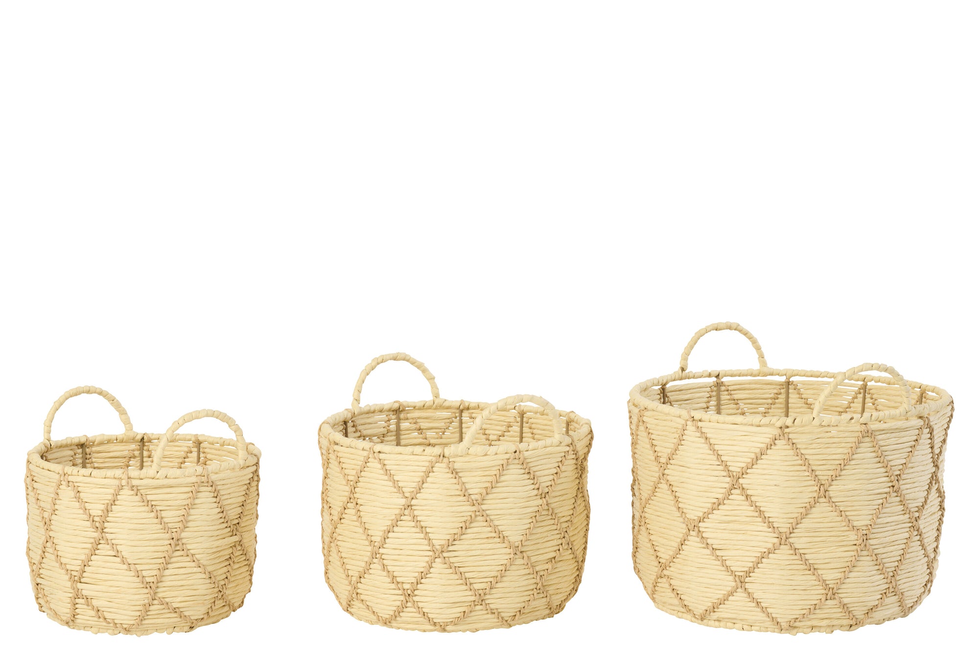 J-LINE SET OF 3 BASKET WITH HANDLE ROUND CHECKERED PAPER NATURAL/BEIGE