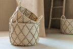 J-LINE SET OF 3 BASKET WITH HANDLE ROUND CHECKERED PAPER NATURAL/BEIGE