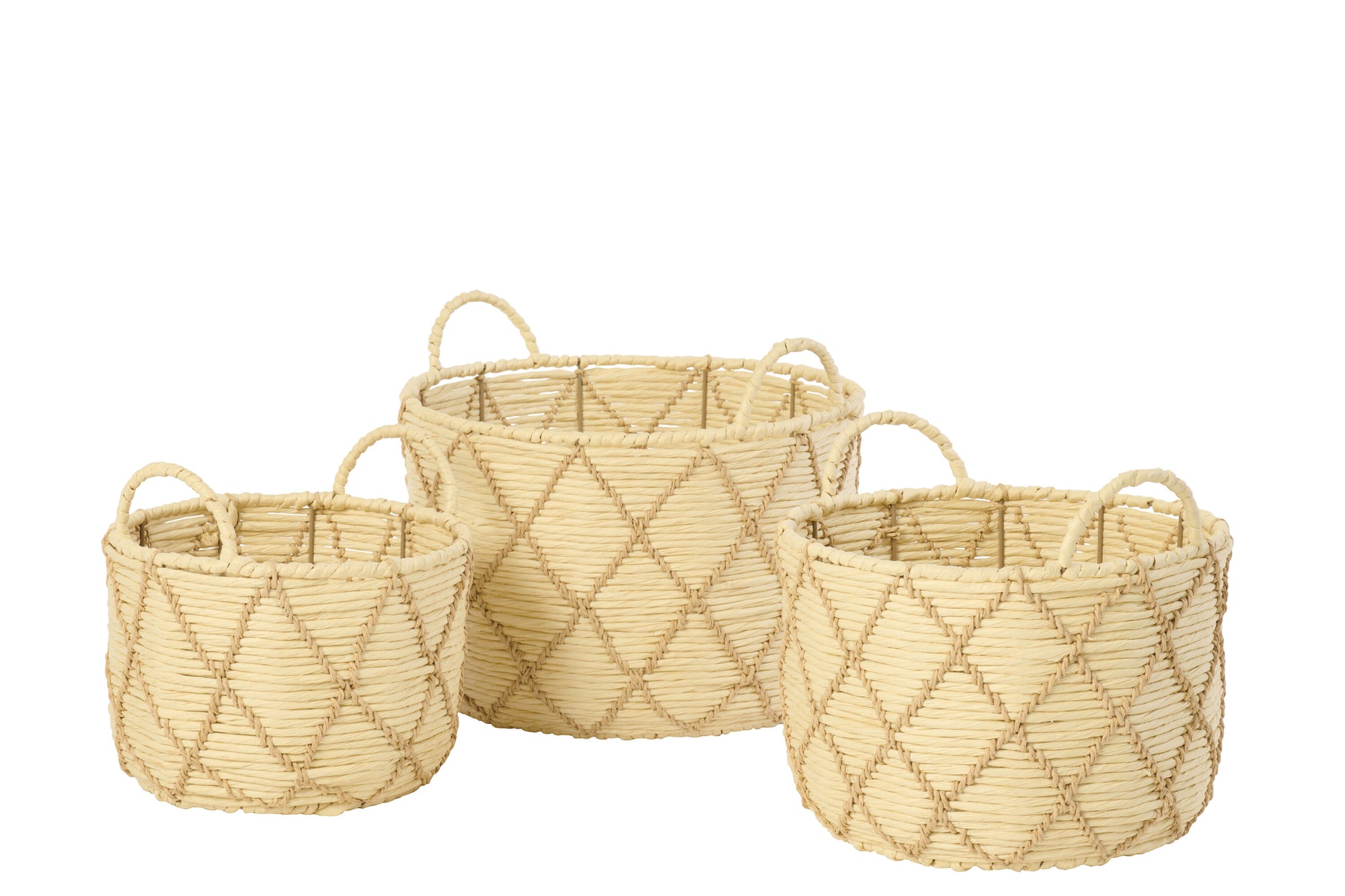J-LINE SET OF 3 BASKET WITH HANDLE ROUND CHECKERED PAPER NATURAL/BEIGE