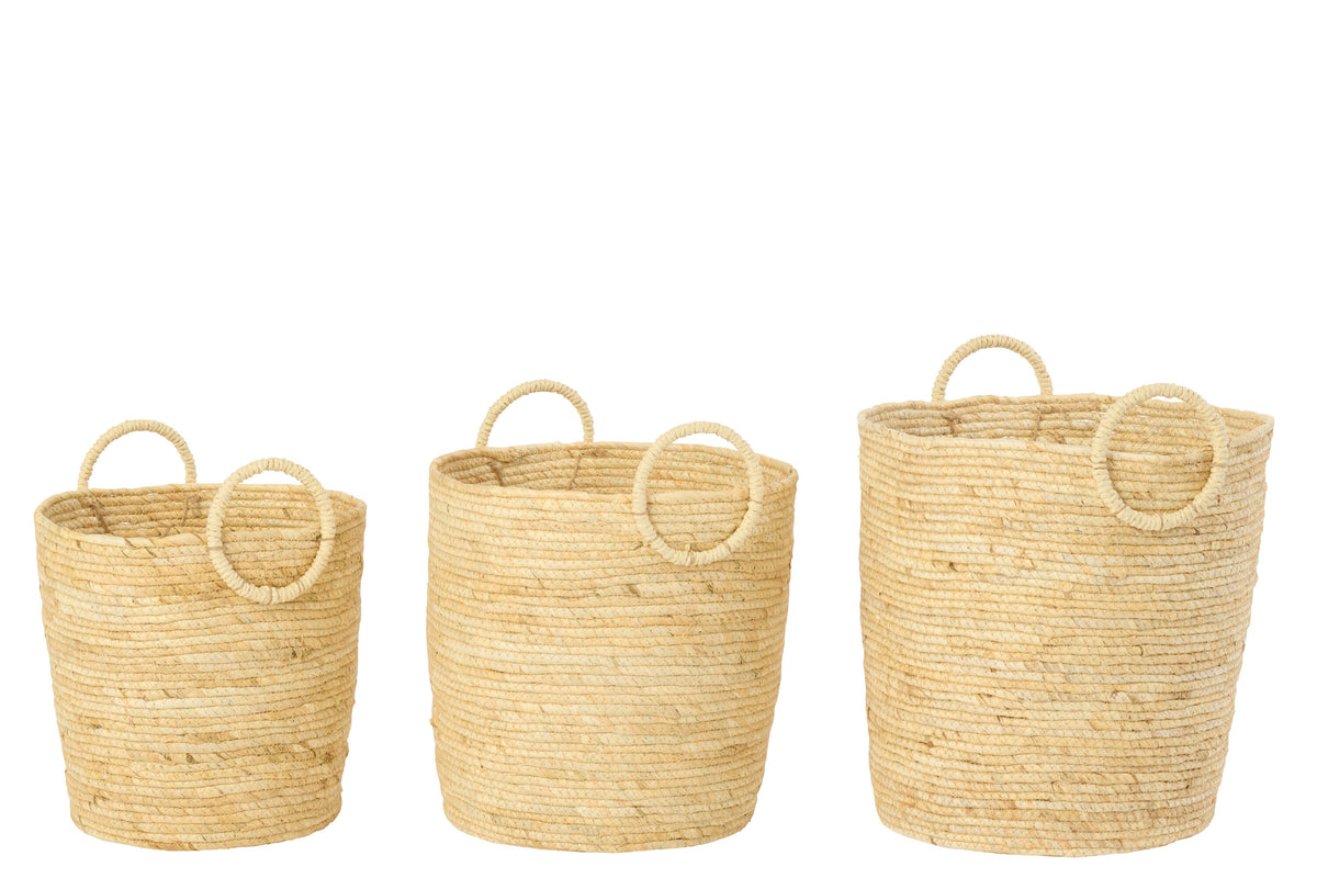 Set Of 3 Basket With Handle Round Maize Natural - Tuincentrum Lopik