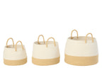J-LINE SET OF 3 BASKET WITH HANDLE ROUND POLYESTER NATURAL/WHITE