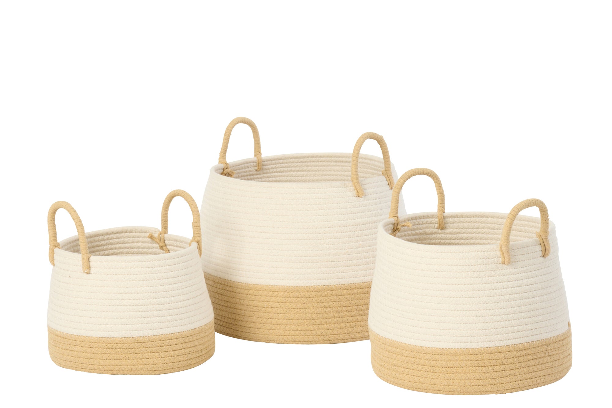J-LINE SET OF 3 BASKET WITH HANDLE ROUND POLYESTER NATURAL/WHITE