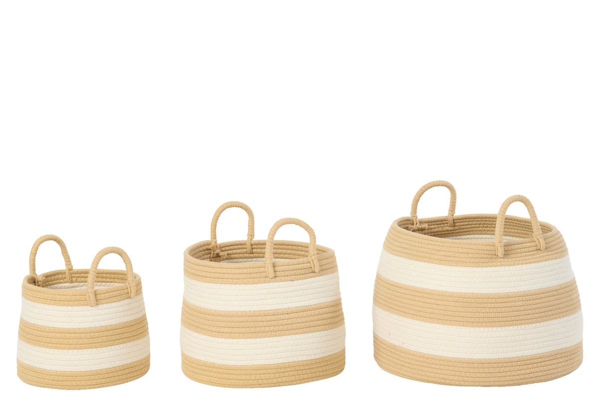 Set Of 3 Basket With Handle Round Striped Polyester Natural/White - Tuincentrum Lopik