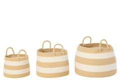 Set Of 3 Basket With Handle Round Striped Polyester Natural/White - Tuincentrum Lopik
