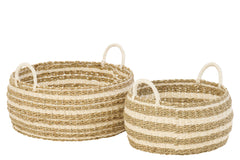 J-LINE SET OF 2 BASKET STRIPED PAPER WHITE/NATURAL - Tuincentrum Lopik