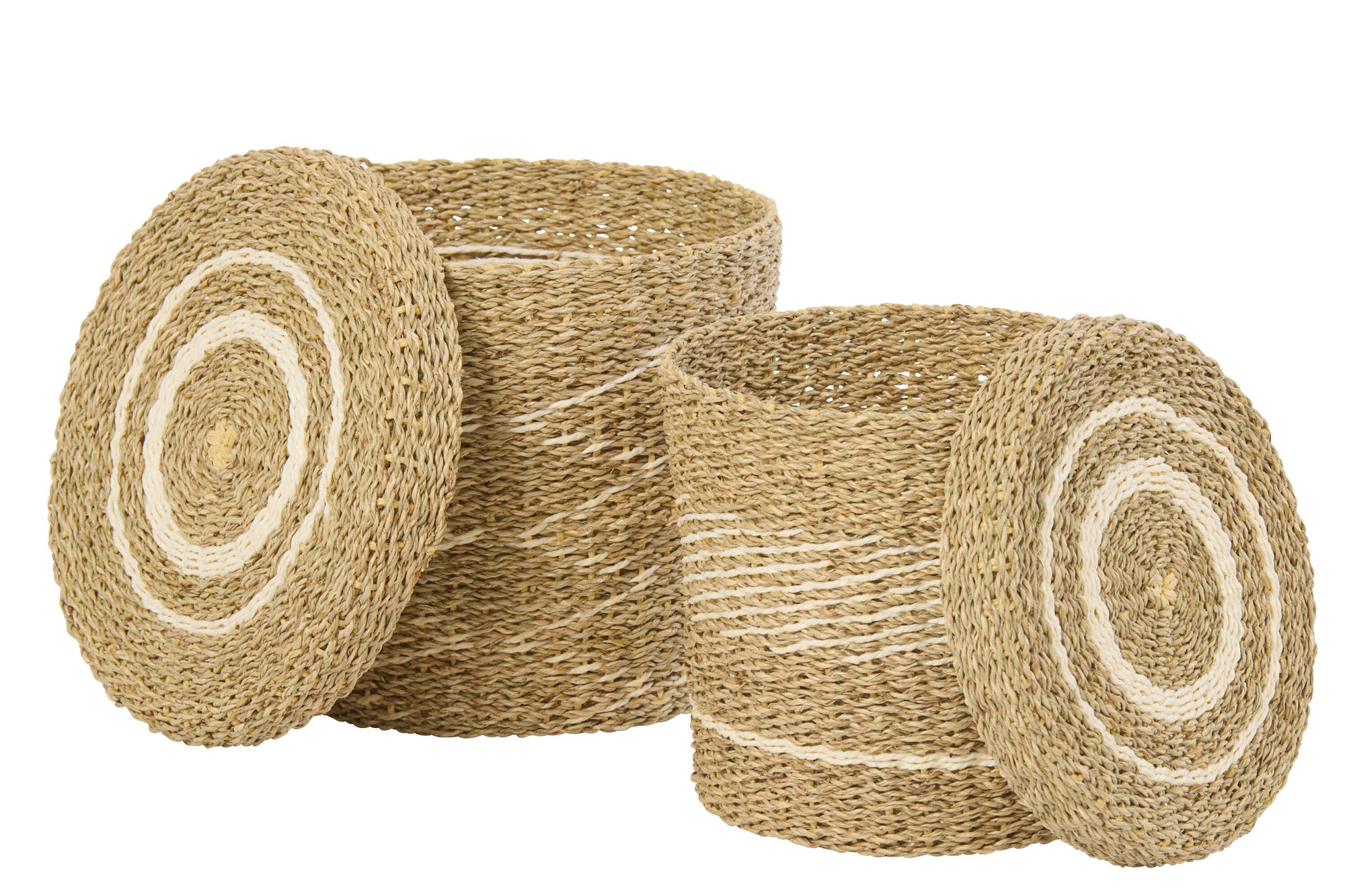 J-LINE SET OF 2 BASKET + LID STRIPED PAPER WHITE/NATURAL - Tuincentrum Lopik