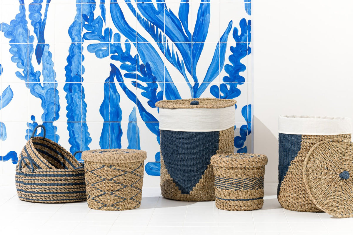 J-LINE SET OF 2 BASKET STRIPED PAPER NATURAL/BLUE