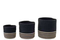 J-LINE SET OF 3 BASKET STRIPED POLYESTER BLACK/BEIGE