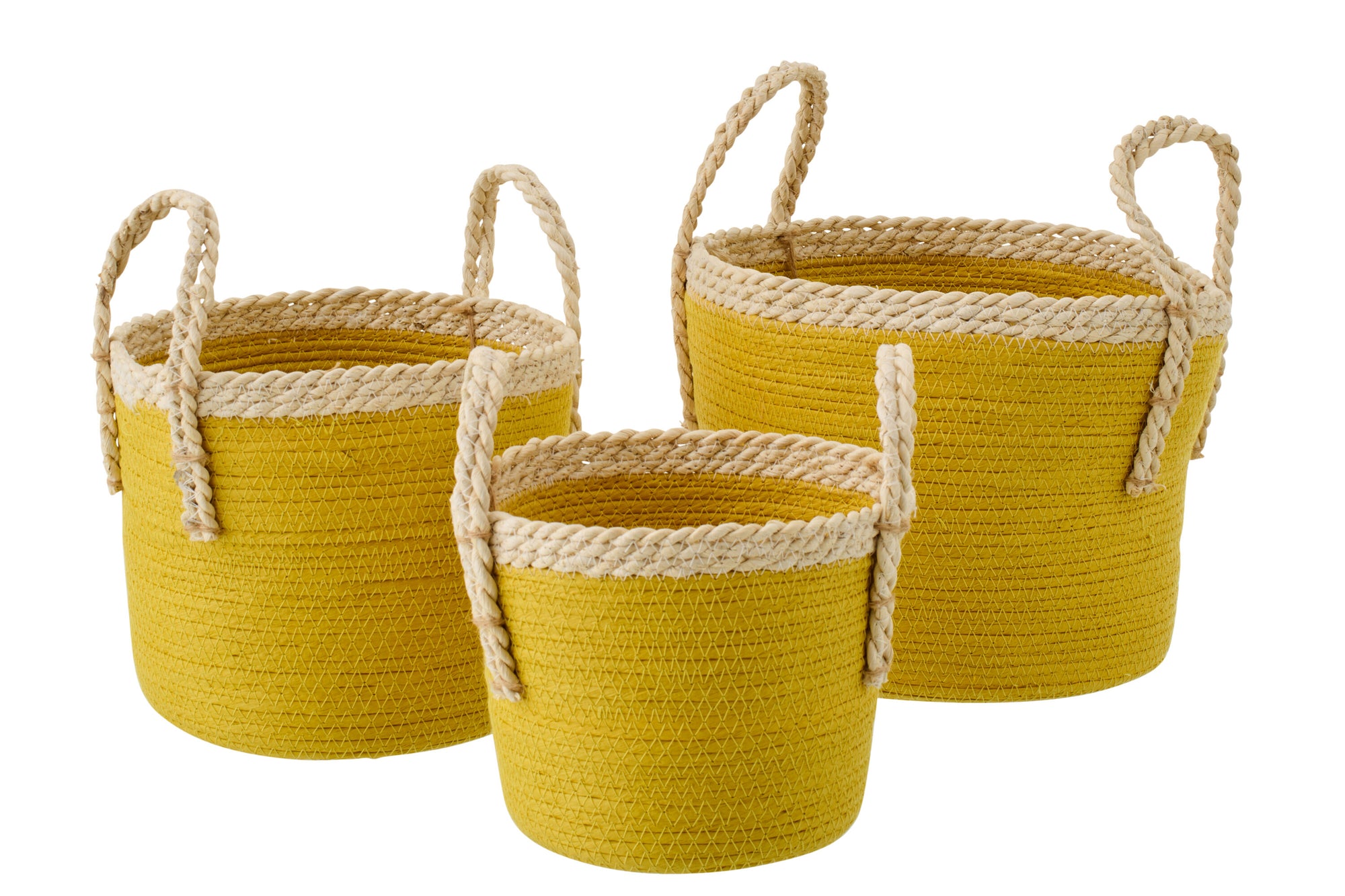 J-LINE SET OF 3 BASKET WITH HANDLES PAPER MUSTARD YELLOW/NATURAL