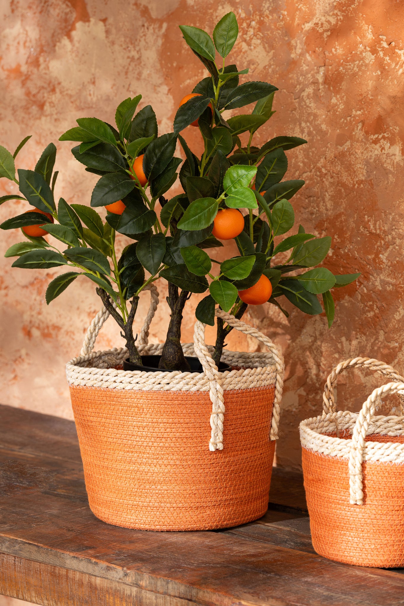 J-LINE SET OF 3 BASKET WITH HANDLES PAPER DARK ORANGE/NATURAL