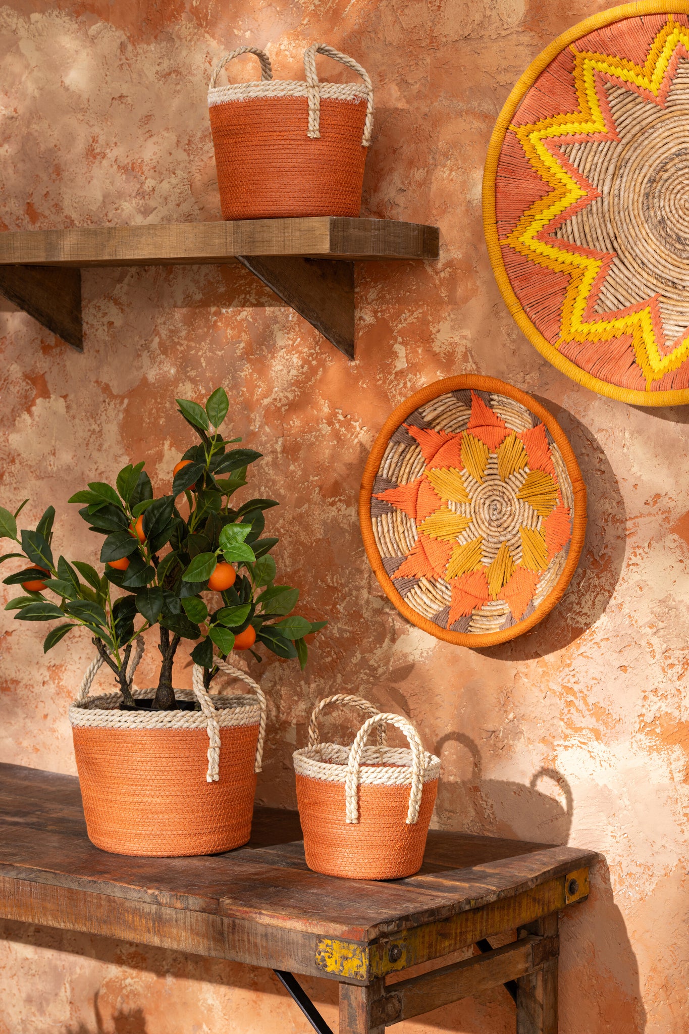 J-LINE SET OF 3 BASKET WITH HANDLES PAPER DARK ORANGE/NATURAL