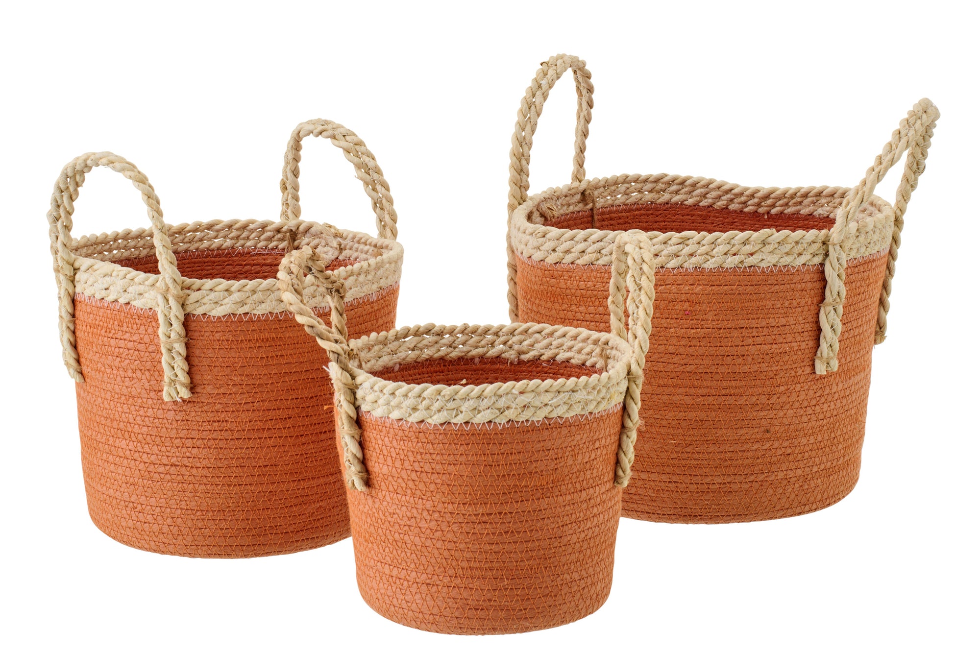 J-LINE SET OF 3 BASKET WITH HANDLES PAPER DARK ORANGE/NATURAL