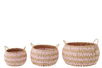 J-LINE SET OF 3 BASKET WITH HANDLES STRIPED RUSH NATURAL/LIGHT PINK - Tuincentrum Lopik