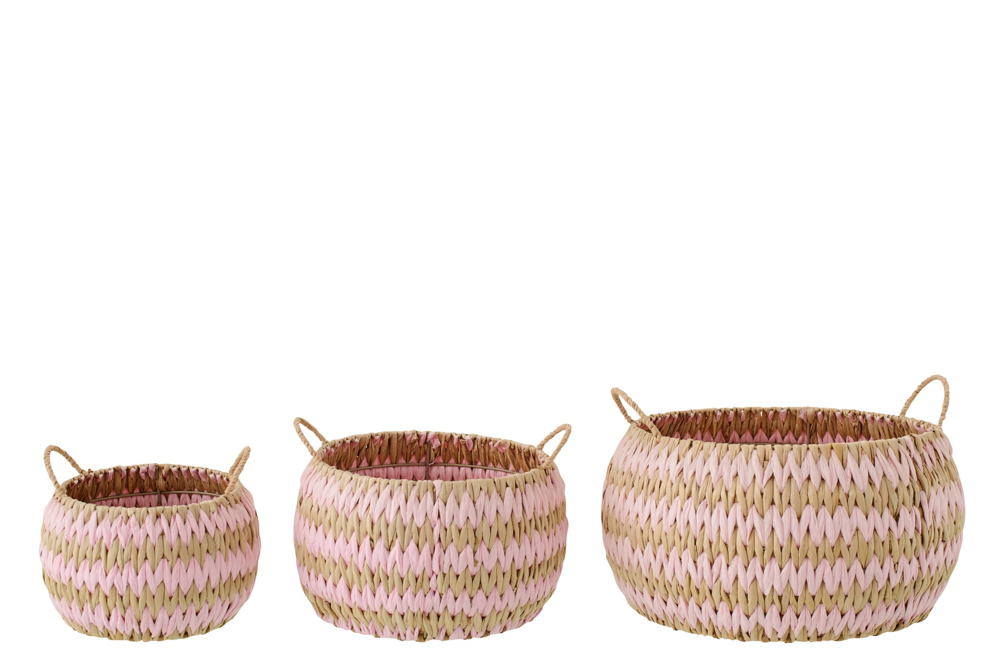 J-LINE SET OF 3 BASKET WITH HANDLES STRIPED RUSH NATURAL/LIGHT PINK