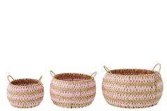 J-LINE SET OF 3 BASKET WITH HANDLES STRIPED RUSH NATURAL/LIGHT PINK - Tuincentrum Lopik