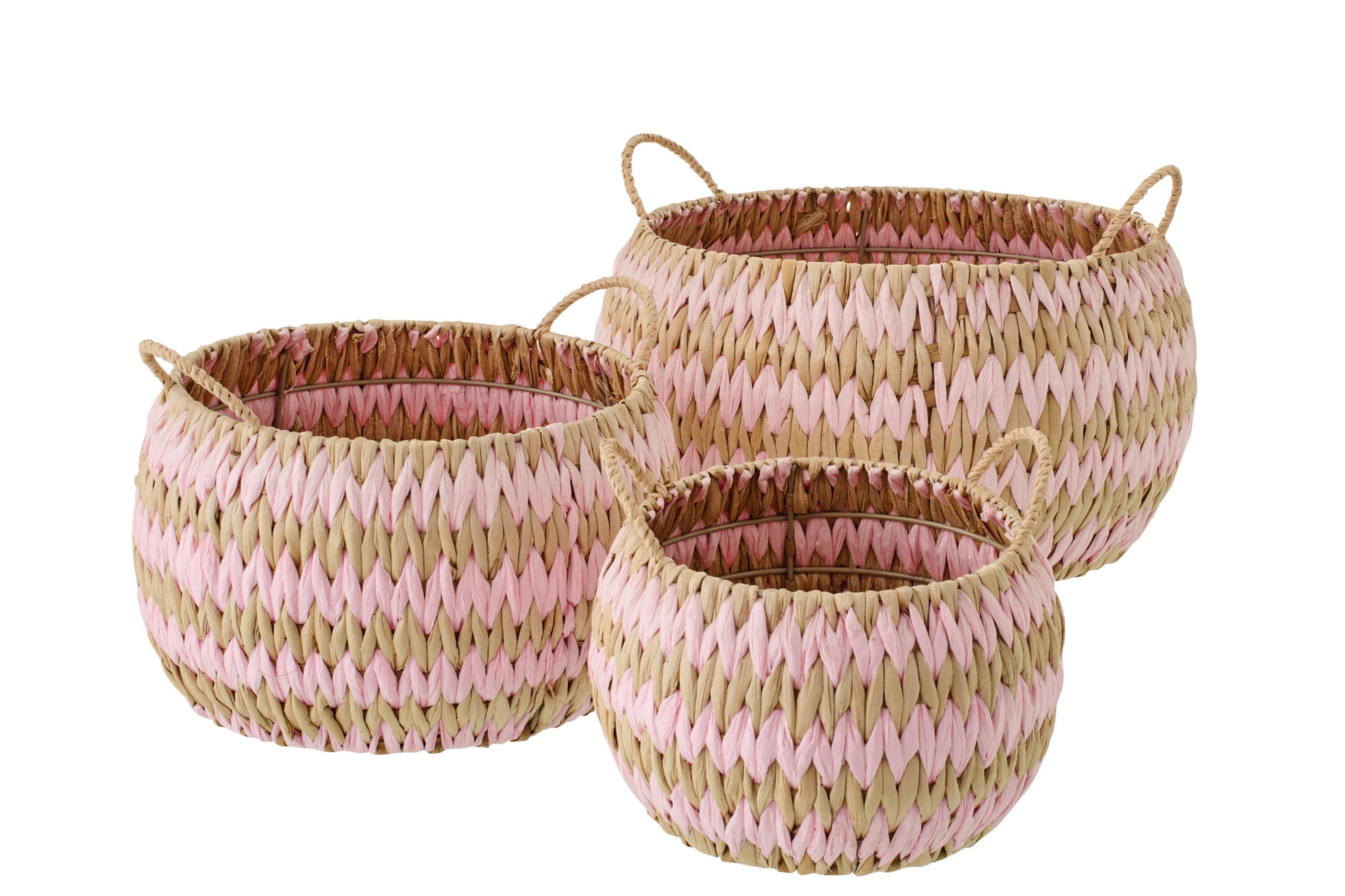 J-LINE SET OF 3 BASKET WITH HANDLES STRIPED RUSH NATURAL/LIGHT PINK