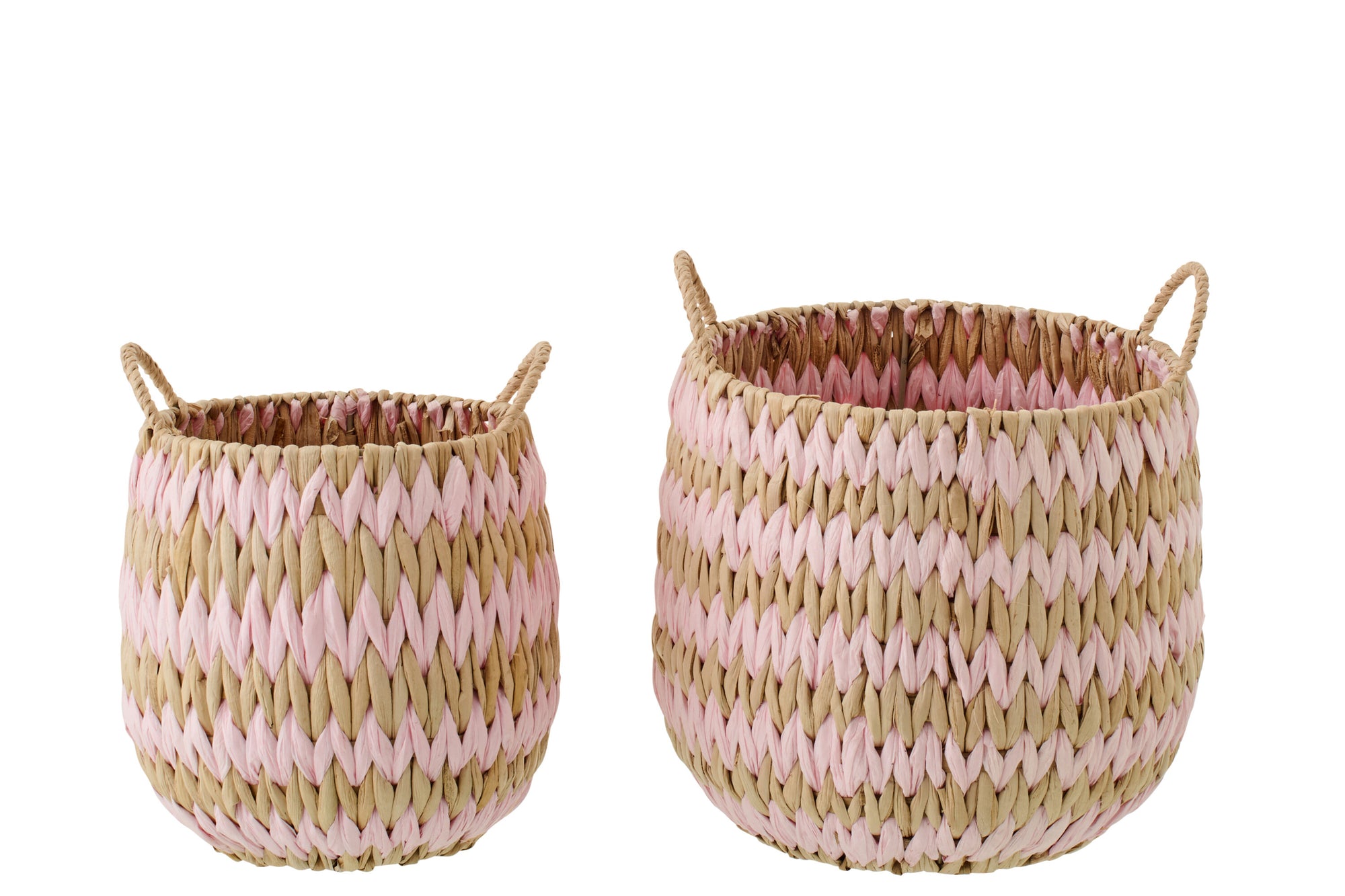 J-LINE SET OF 2 BASKET WITH HANDLES STRIPED RUSH NATURAL/LIGHT PINK