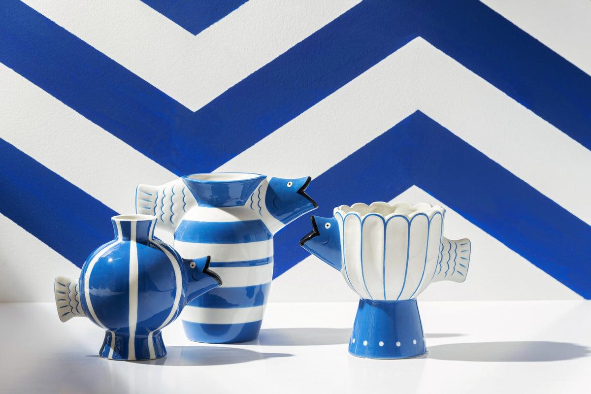 J-LINE VASE FISH STRIPED DOLOMITE BLUE/WHITE