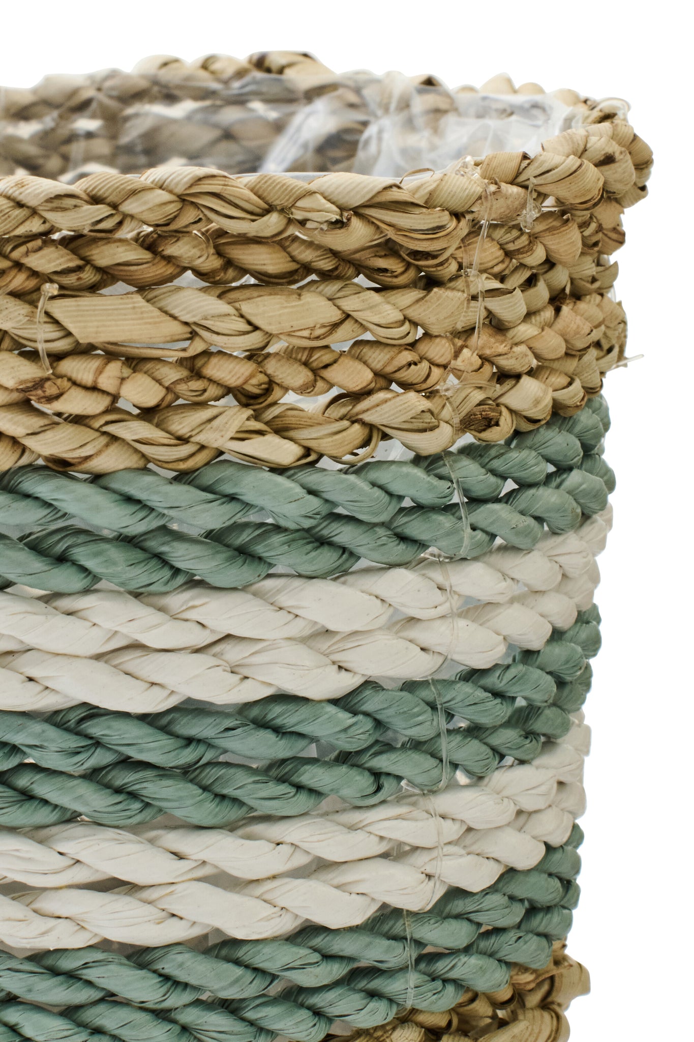 J-LINE SET OF 3 FLOWERPOT STRIPED SEAGRASS NATURAL/TURQUOISE - Tuincentrum Lopik