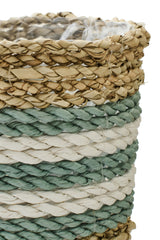 J-LINE SET OF 3 FLOWERPOT STRIPED SEAGRASS NATURAL/TURQUOISE - Tuincentrum Lopik