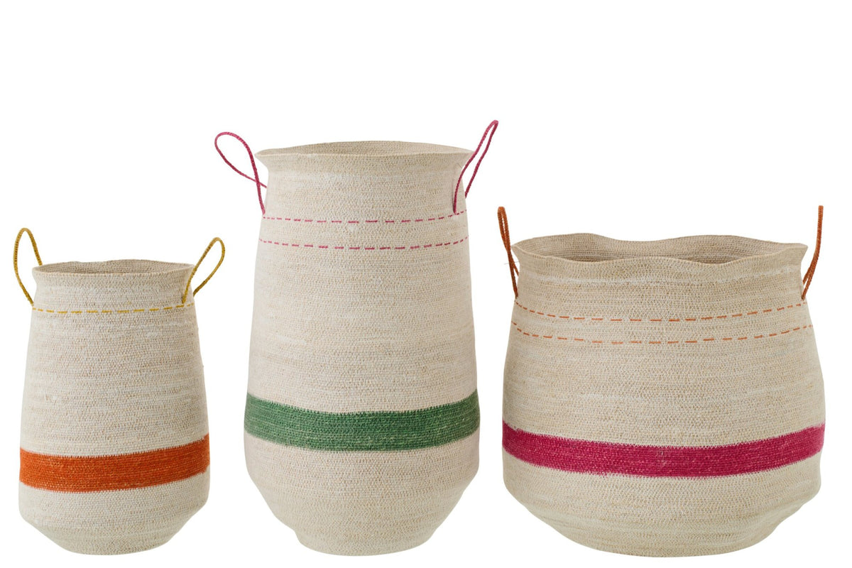 J-LINE SET OF 3 BASKET WITH HANDLE STRIPED SEAGRASS MULTI